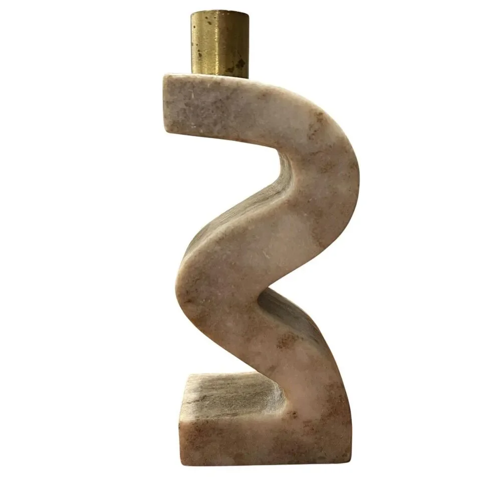 Marble Brass Abstract Zigzag Candlestick Holder Tan Handmade India Modern Decor